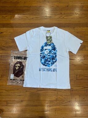 A Bathing Ape White Short-Sleeve Tee with Blue Camo Ape Graphic